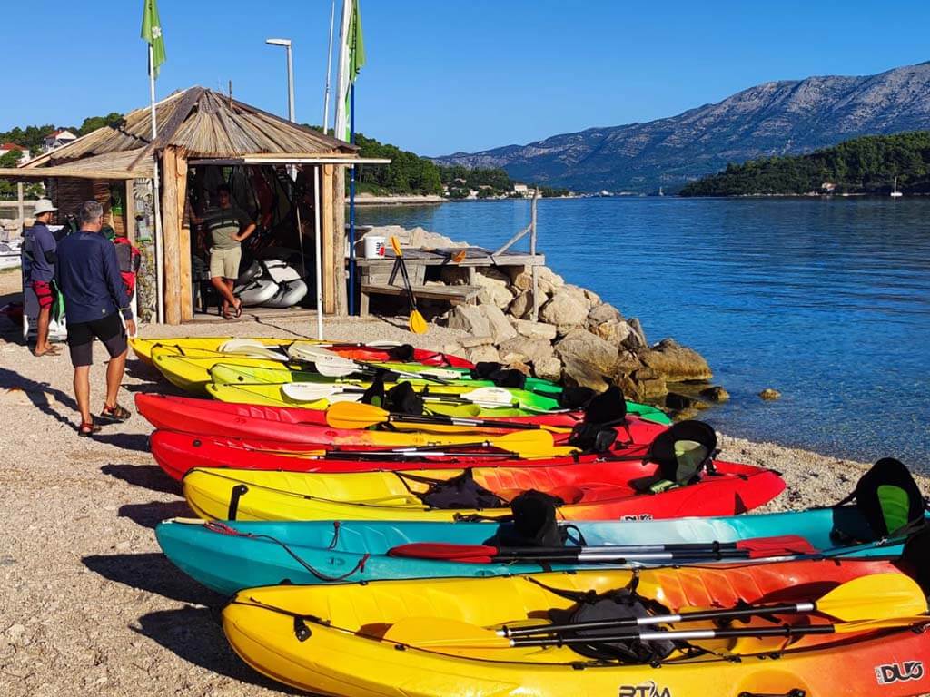 Kayakers exploring the waters near Lumbarda, Korčula, with Freestyle Windsurf Center kayaks