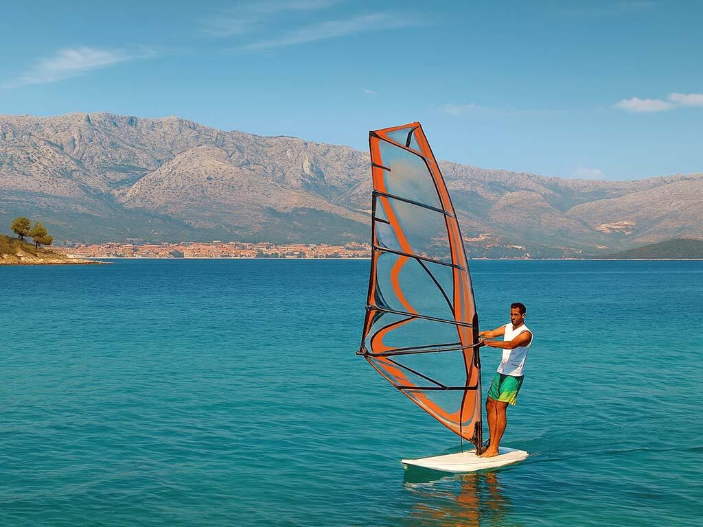 Windsurfer gliding on the Adriatic near Lumbarda, Korčula, at Freestyle Windsurf Center